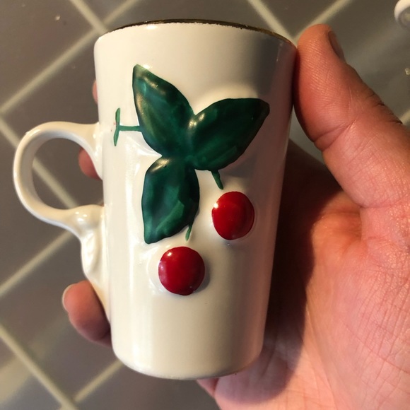 Two Red Cherry Motif Tall Espresso Mugs Cups, Ceramic - Picture 9 of 11
